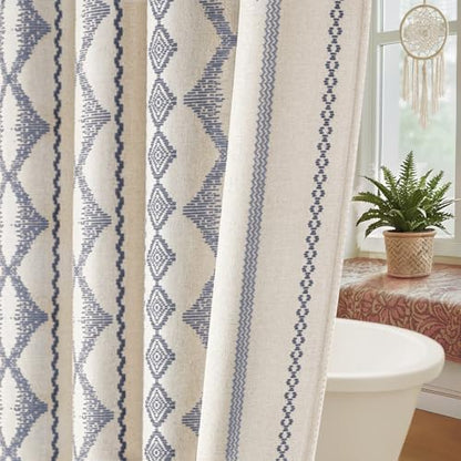 Navy Blue Boho Linen Shower Curtain,72" W x 72" L