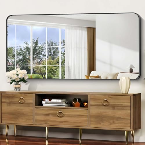 Bathroom Mirror, 60 x 30 inch Black Rectangle Wall Mirror, Metal Frame Rounded Corner Vanity Mirror, Large Wall Mounted Mirrors for Over Sink Bedroom Living Room Horizontal Or Vertical Mounting