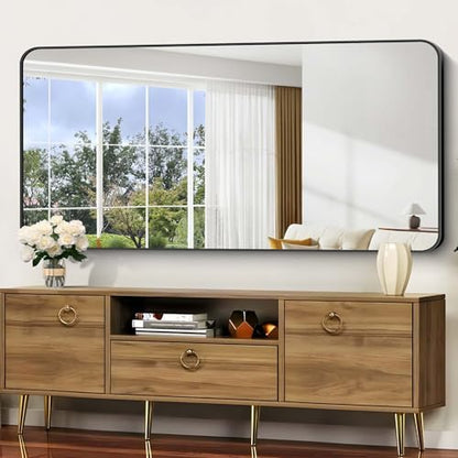 Bathroom Mirror, 60 x 30 inch Black Rectangle Wall Mirror, Metal Frame Rounded Corner Vanity Mirror, Large Wall Mounted Mirrors for Over Sink Bedroom Living Room Horizontal Or Vertical Mounting