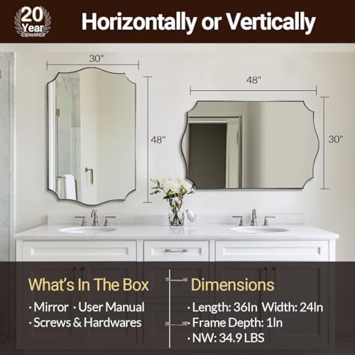 ANDY STAR 30x48 Inch Large Chrome Mirror, Polished Chrome Bathroom Mirror, Modern Rectangle Mirror with Wavy Design Ideal for Home Decor, Rust-Proof Stainless Steel Metal Frame