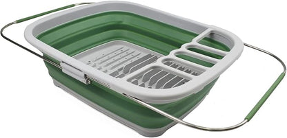 SAMMART 8L (2.11Gallons) Expandable Collapsible Plastic Dish Drainer - Foldable Drying Rack - Portable Dinnerware Organizer - Space Saving Kitchen Storage Tray (Grey/Dark Sea Green, 1)