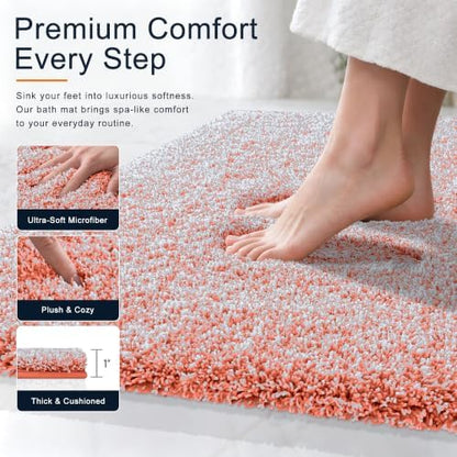 OLANLY Microfiber Bathroom Rugs 47x24, Quick Dry Bath Mat, Coral and White