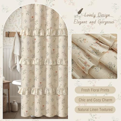 Floral Farmhouse Vintage French Country Ruffle Linen Shower Curtain 72Wx72H