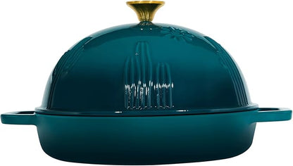 Flavehc Bread Oven Cast Iron Bread Dutch Oven with Cloche Lid for Bread Baking Darkcyan Enameled Cast Iron Bread Oven with Dome Lid for Sourdough, 9.8 Inches