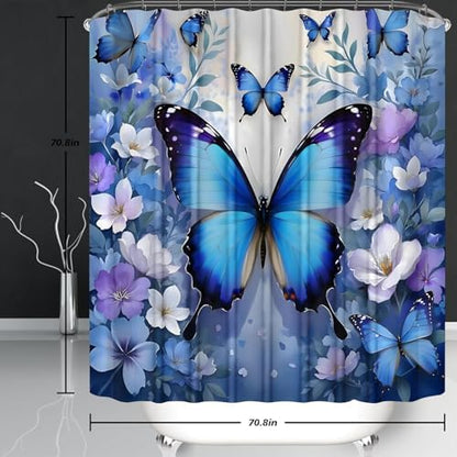 Chrainy 4pcs Blue Butterfly Shower Cutain Set Bathroom Decor with Rugs