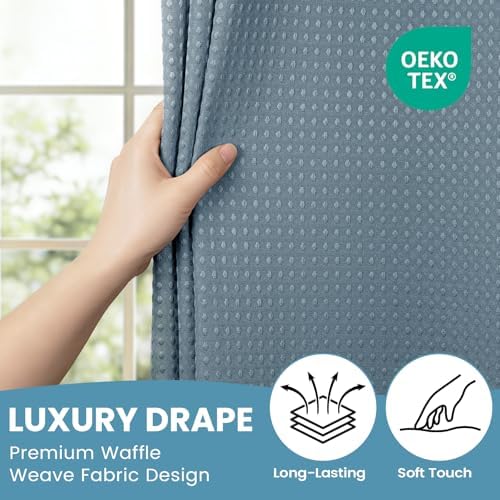 No Hook Waffle Shower Curtain with Snap in Liner Set, 71x74, Stone Blue