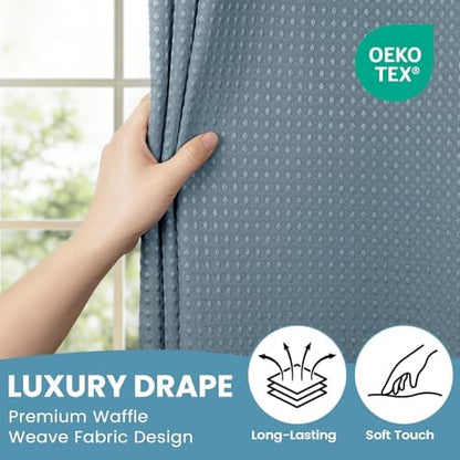 No Hook Waffle Shower Curtain with Snap in Liner Set, 71x74, Stone Blue