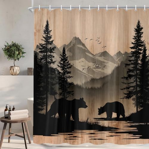 Rustic Cabin Shower Curtain, Mens Outdoor Bear Forest Wildlife Country Farmhouse Bath Curtains, Hunting Camping Camper RV Waterproof Fabric Bathroom Decor Accessories Set with Hooks,70X85IN