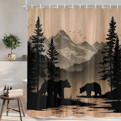 Rustic Cabin Shower Curtain, Mens Outdoor Bear Forest Wildlife Country Farmhouse Bath Curtains, Hunting Camping Camper RV Waterproof Fabric Bathroom Decor Accessories Set with Hooks,47X64IN