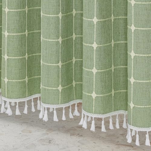 Boho Farmhouse Classic Plaid Linen Tassel Shower Curtain Sage Green,72x72