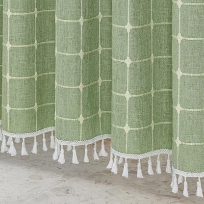 Boho Farmhouse Classic Plaid Linen Tassel Shower Curtain Sage Green,72x72