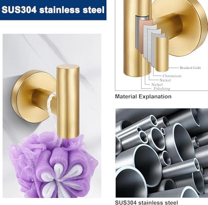5 Pieces Bathroom Hardware Accessories Set Brushed Gold, 24Inch Bathroom Towel Rack Set SUS304 Stainless Steel, Round Toilet Paper Holder with Shelf Heavy Duty, Wall Mounted