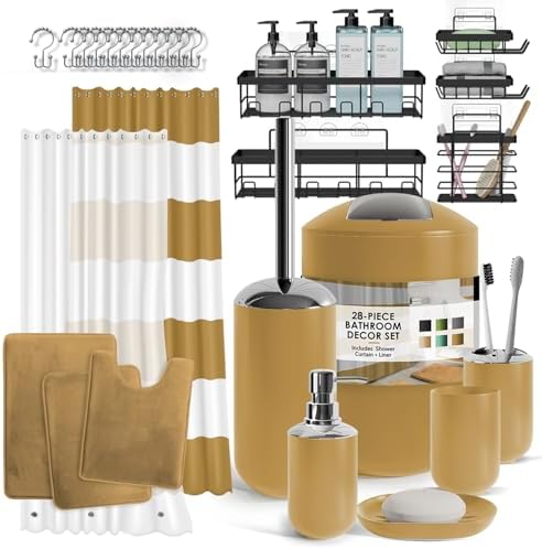 Clara Clark Bathroom Accessories Set - 28PC Bathroom Set with Adhesive Corner Shower Caddy Hanging, Bathroom Sets with Shower Curtain and Rugs, Gold Shower Curtain Set with Bathroom Trash Can