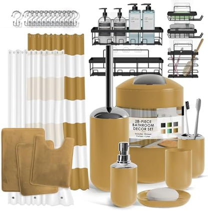 Clara Clark Bathroom Accessories Set - 28PC Bathroom Set with Adhesive Corner Shower Caddy Hanging, Bathroom Sets with Shower Curtain and Rugs, Gold Shower Curtain Set with Bathroom Trash Can