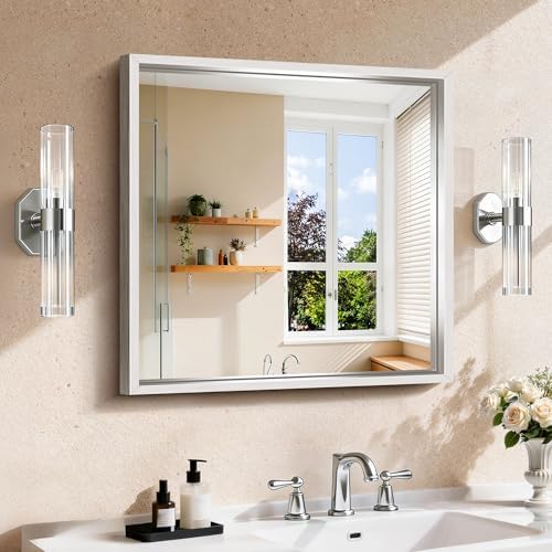 CIRCUMI 24"x24" Brushed Silver Bathroom Mirror, Square Mirror for Vanity