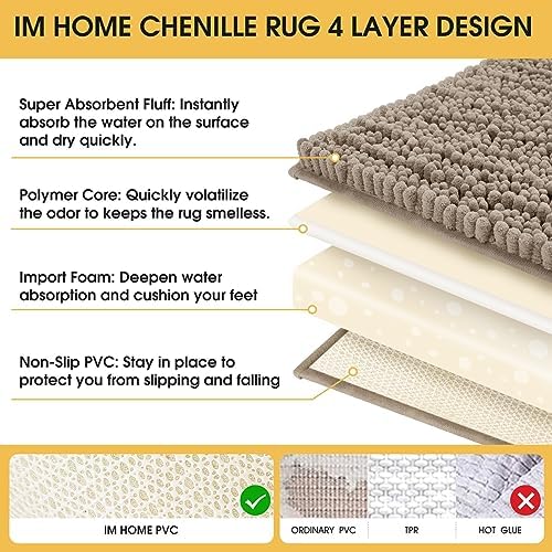 ACCUMTEK Upgrade Luxury Dark Beige Bathroom Rug Mat 48"x17", Ultra Soft Thick Absorbent Bath Mats, Non Slip Chenille Toilet Mat for Bathroom, Bedroom, Kitchen, Shower, Tub, Taupe