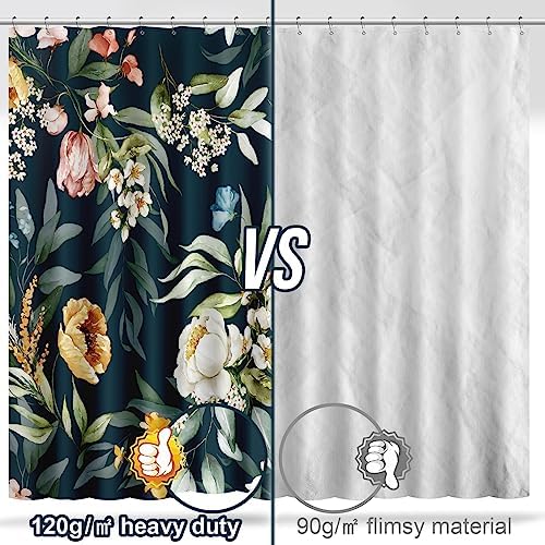 Amaredom Black Floral Shower Curtain with 12 Metal Hooks, 72x72 Inches