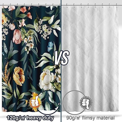 Amaredom Black Floral Shower Curtain with 12 Metal Hooks, 72x72 Inches