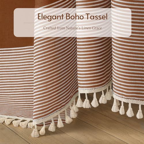 Fall Orange Boho Linen Striped Shower Curtain with Tassel 72"W X 72"L