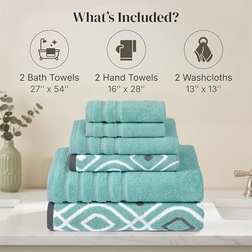 Modern Threads 6 Piece Bath Towel Set – Bathroom Set with 2 Bath Towels, 2 Hand Towels, and 2 Wash Cloths – 100% Cotton, Super Absorbent & Extra Soft – Reversible Classic Diamond (Aqua)