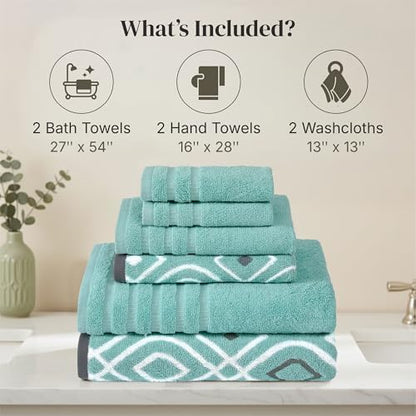 Modern Threads 6 Piece Bath Towel Set – Bathroom Set with 2 Bath Towels, 2 Hand Towels, and 2 Wash Cloths – 100% Cotton, Super Absorbent & Extra Soft – Reversible Classic Diamond (Aqua)
