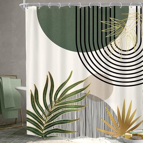 KOMLLEX Mid Century Green Boho Abstract Modern Bathroom Shower Curtain Set
