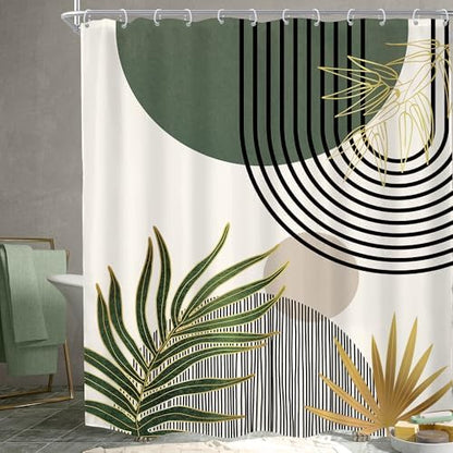 KOMLLEX Mid Century Green Boho Abstract Modern Bathroom Shower Curtain Set