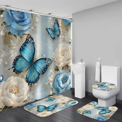 Chrainy 4pcs Rose Butterflies Shower Cutain Set Bathroom Decor with Rugs