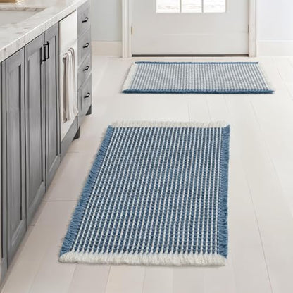MIULEE Set of 2 Waffle Bathroom Rugs Boho Bath Mat Blue&Cream 17x24 Inch