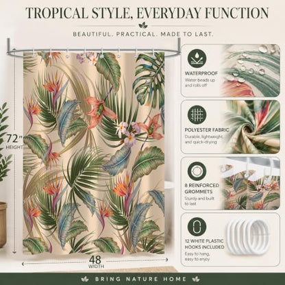 Tropical Shower Curtain, Colourful Leaves Floral Palm Leaf Hawaiian Botanical Plant Bathroom Decor, Waterproof Cloth Fabric Bath Curtain with Hooks 48 x 72 inch