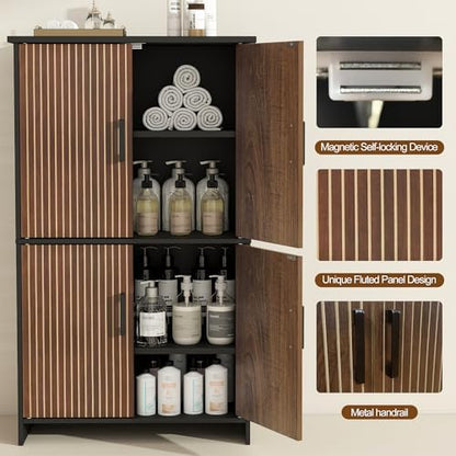 Bathroom Storage Cabinet, Floor Cabinet with 4 Fluted Doors and 2 Adjustable Shelves Wooden Tall Freestanding Organizers and Storage,Black