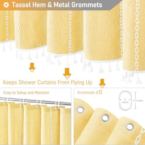 BTTN 72x78 Long Boho Farmhouse Linen Heavy Duty Shower Curtain Set, Yellow
