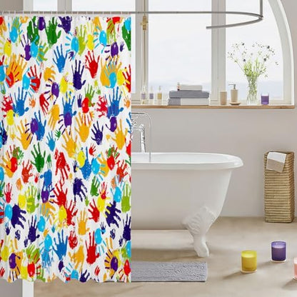 Feelyou Cute Handprint Shower Curtain Kids Boys Girls Watercolor Rainbow Bathroom Waterproof Accessories with 12 Hooks 72x78 Inches Modern Colorful Hand Shapes Abstract Decoration