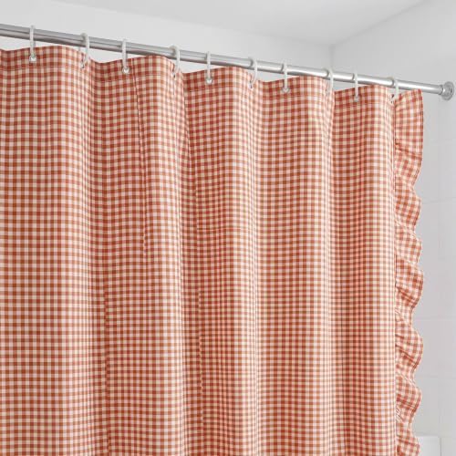 HunnmingRe Ruffled Gingham Shower Curtain Orange