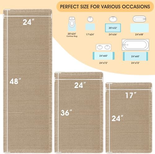 IM HOME Waffle Bath Mat Set 3 Piece Beige,Woven Modern Bath Rug Mats, Absorbent Non Slip Bath Floor Mat, Soft Washable Boho Bath Rugs with Tassels for Bathroom, Bedroom, Kitchen,Tub