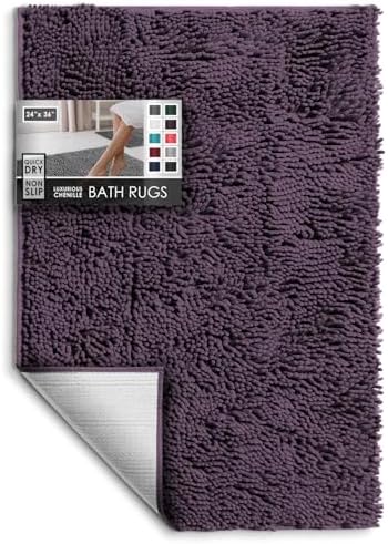 Hearth & Harbor Bathroom Rugs, Chenille Bath Mat - Machine Washable Bath Mats for Bathroom Non-Slip Backing Rubber, Quick Dry Bathroom Mat - Purple 24x36
