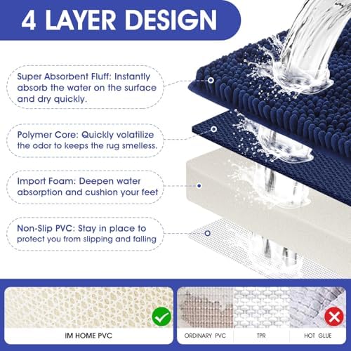 ACCUMTEK Striped Navy Blue Bathroom Rug Mat 44"x24" Ultra Soft, Non Slip Chenille Bath Rugs, Absorbent Plush Shaggy Bath Mats for Bathroom, Bedroom, Kitchen, Shower, Tub