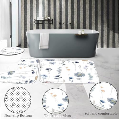 DDQQ 4Pcs Flower Shower Curtain Set with Floral Bathroom Sets