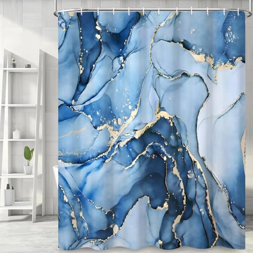 Blue Marble Shower Curtain, Modern Abstract Luxury Blue Gold Ink Texture Watercolor Art Bathroom Curtains Ombre Machine Washable Waterproof Fabric Bathtub Curtain Set with Hooks 66" Wx72 L