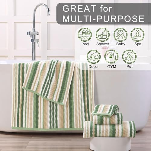 VOOVA & MOVAS Striped Towels 3 Pack, 100% Cotton, Sage Beige