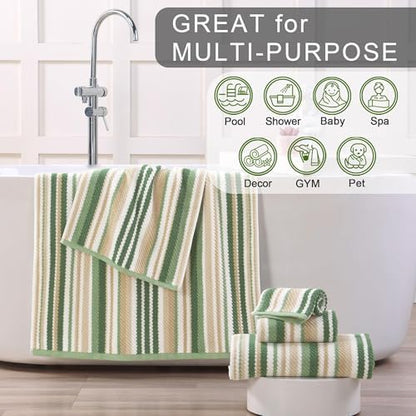 VOOVA & MOVAS Striped Towels 3 Pack, 100% Cotton, Sage Beige