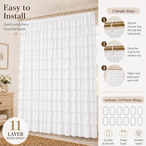 White Ruffle Shower Curtain for Bathroom, 72X84, Layered Ruffles Texture