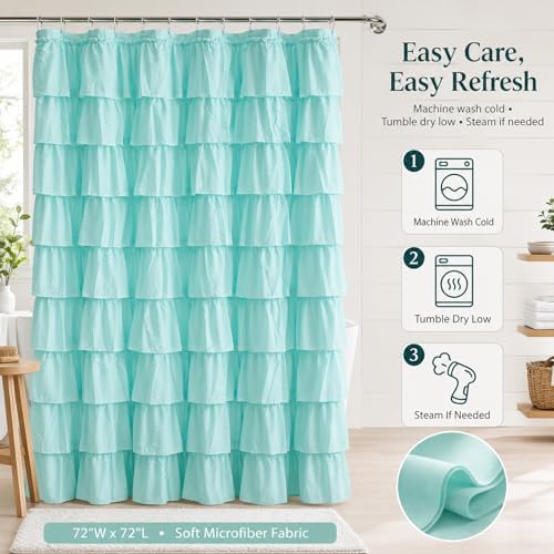 Teal Ruffle Shower Curtain for Bathroom, 72 x 72 Inch, 1 Panel
