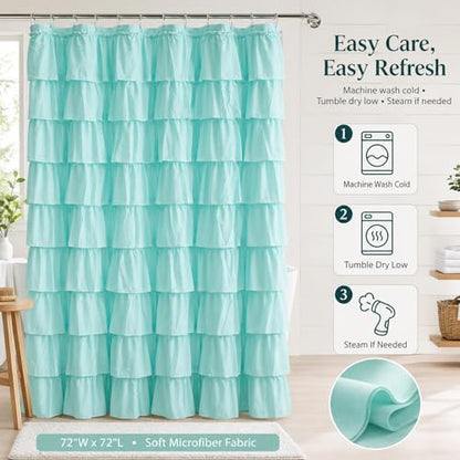 Teal Ruffle Shower Curtain for Bathroom, 72 x 72 Inch, 1 Panel