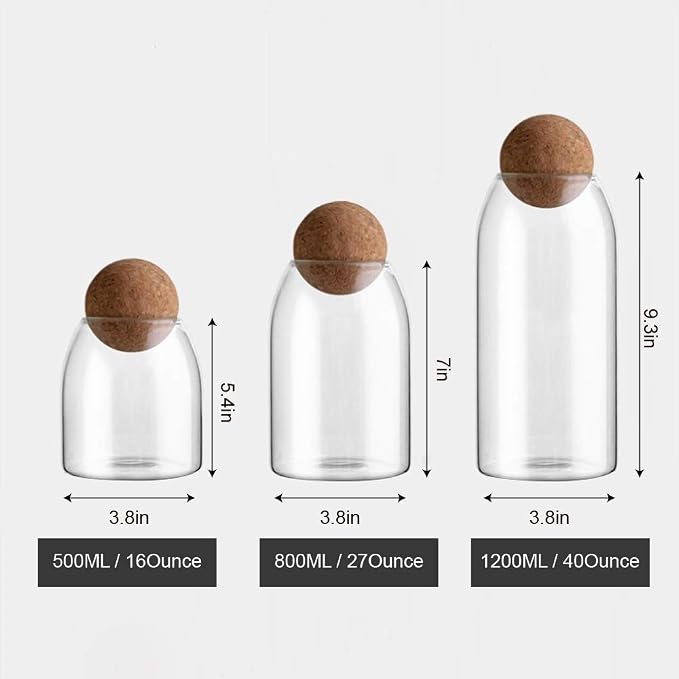 800ML/27Oz Clear Glass Storage Cute Canister Holder Ball Wood Cork Top, Modern Decorative Cylinder Container Jar with Round Lid for Coffee, Spice, Candy, Salt, Cookie Cool Terrarium Bottle