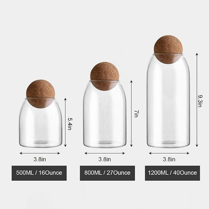 1200ML/40Oz Clear Glass Storage Cute Canister Holder Ball Wood Cork Top, Modern Decorative Cylinder Container Jar with Round Lid for Coffee, Spice, Candy, Salt, Cookie Cool Terrarium Bottle