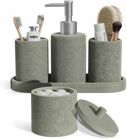 Clara Clark Bathroom Set - Sage Green Bathroom Accessories Set, 5PC Bathroom Accessory Set, Bathroom Sets with Soap Dispenser, Toothbrush Holder, Tumbler, Cotton Swab Jar & Vanity Tray