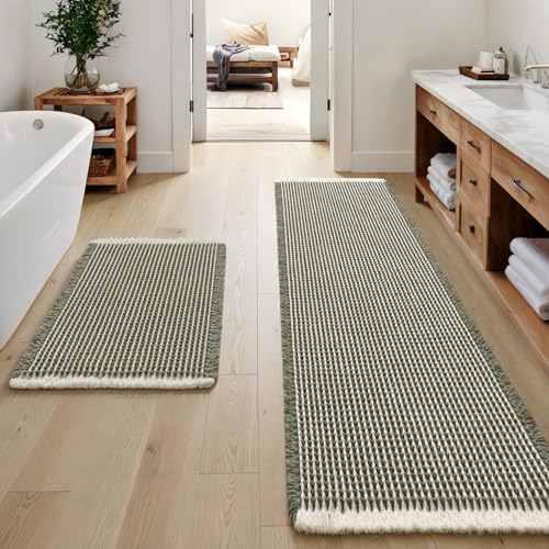 MIULEE Set of 2 Waffle Bathroom Rugs Green&Cream Bath Mat 17"x24"+20"x47"