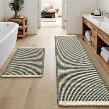 MIULEE Set of 2 Waffle Bathroom Rugs Green&Cream Bath Mat 17"x24"+20"x47"