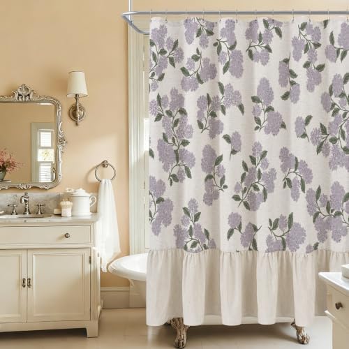ORTIGIA Linen Textured Ruffle Shower Curtain with Metal Hooks, Vintage Purple Hydrangea Floral Boho Waterproof Bath Curtain for Rustic Farmhouse Bathroom Decor 72x72 Inch